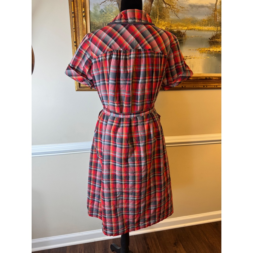 Vintage 1950s 60s Plaid Shirt Dress Bow Tie Neck Patch Pockets Mid Century - Picture 6 of 10